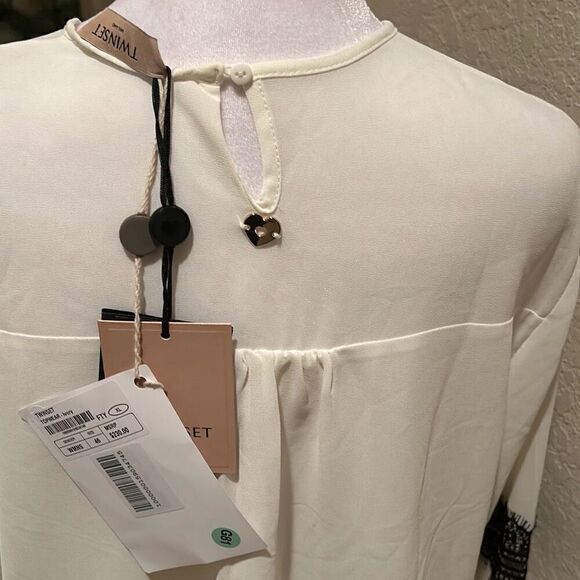 Twinset Women's XL Long Sleeve Lace Applique Blouse Cream Black Feminine Office - Picture 8 of 12